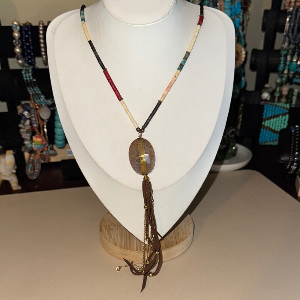 Nakamol Beaded Necklace with snakeskin jasper Tassel